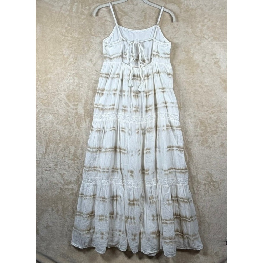 Aerie Women M White Tan Tie Dye Tiered Cotton Maxi Dress Braided Strap Open Back - Picture 2 of 10